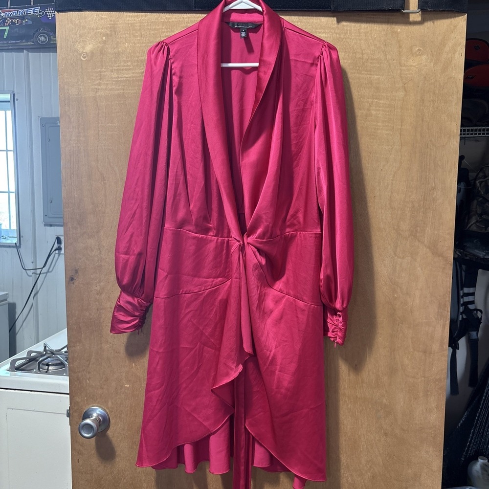 White House Black Market Dress Womens 8 Pink Satin Wrap Hi Low Belted V Neck